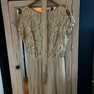 Cocktail dress, size 14. Beige chiffon bottom & gold brocade top and belt.